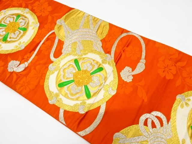 JAPANESE KIMONO / ANTIQUE FUKURO OBI / SILK / WOVEN DRUM & SAKURA